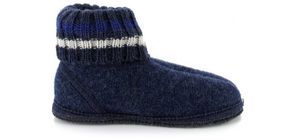 Seitenansicht von einem blauen H�ttenschuh mit Strickb�ndchen und Filzsohle